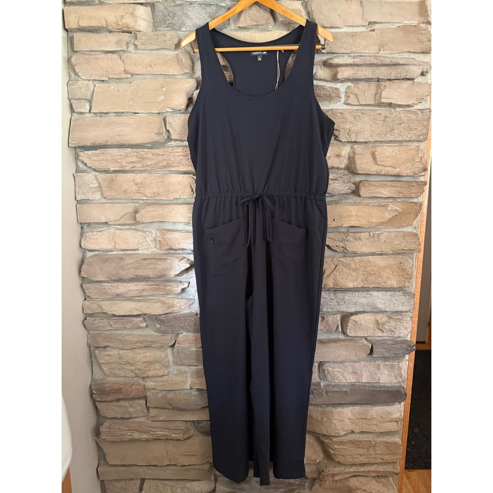 Toad&Co Livvy Sleeveless Jumpsuit Black Racerback Wide Leg Travel Jumper Large